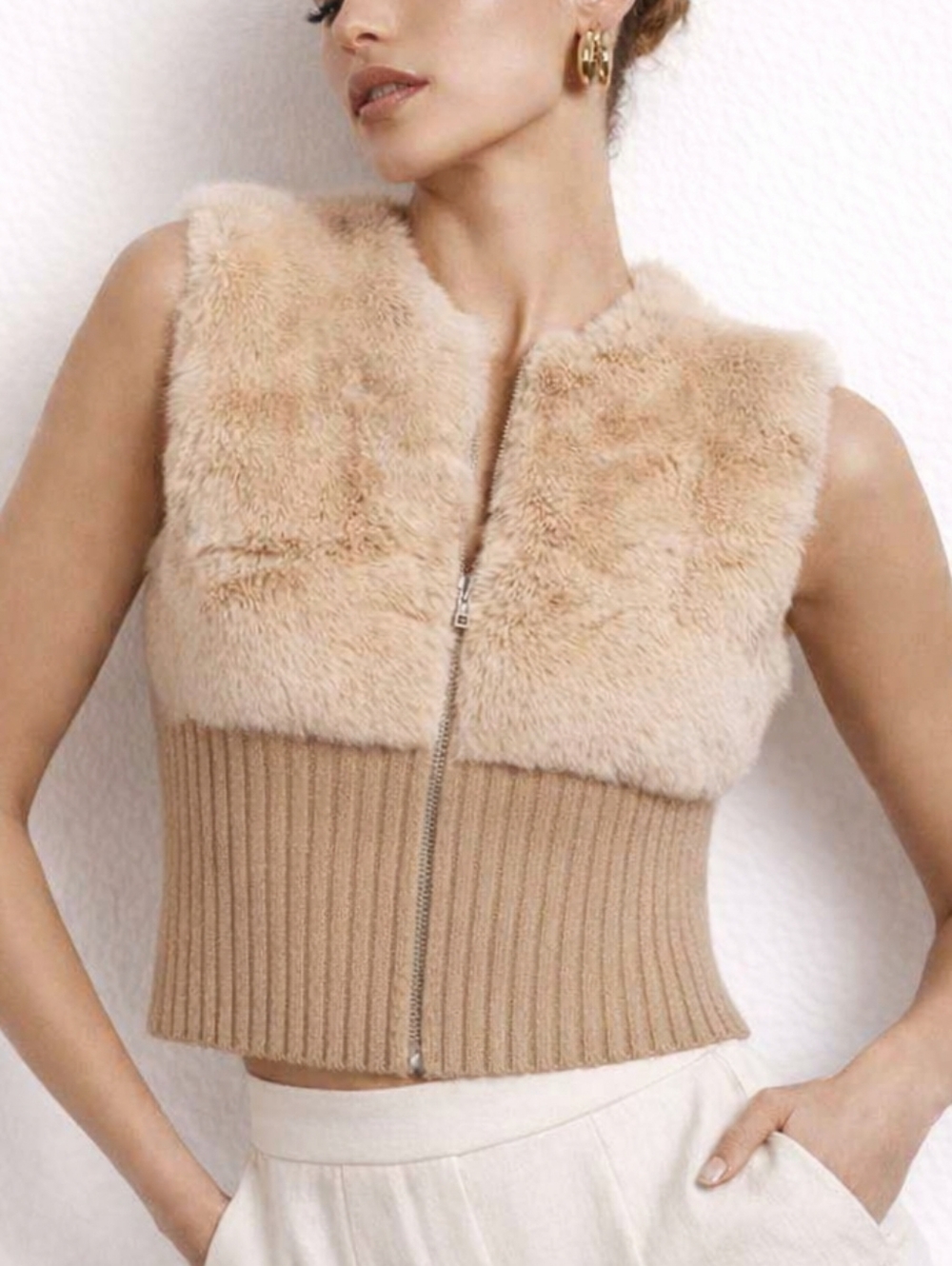 Arden B Rabbit Fur Ribbed Zip Vest Medium Beige